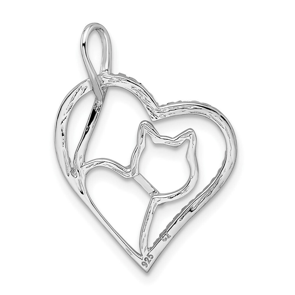 Sterling Silver Rhodium-plated Gold-tone Cubic Zirconia Cat in Heart Pendant