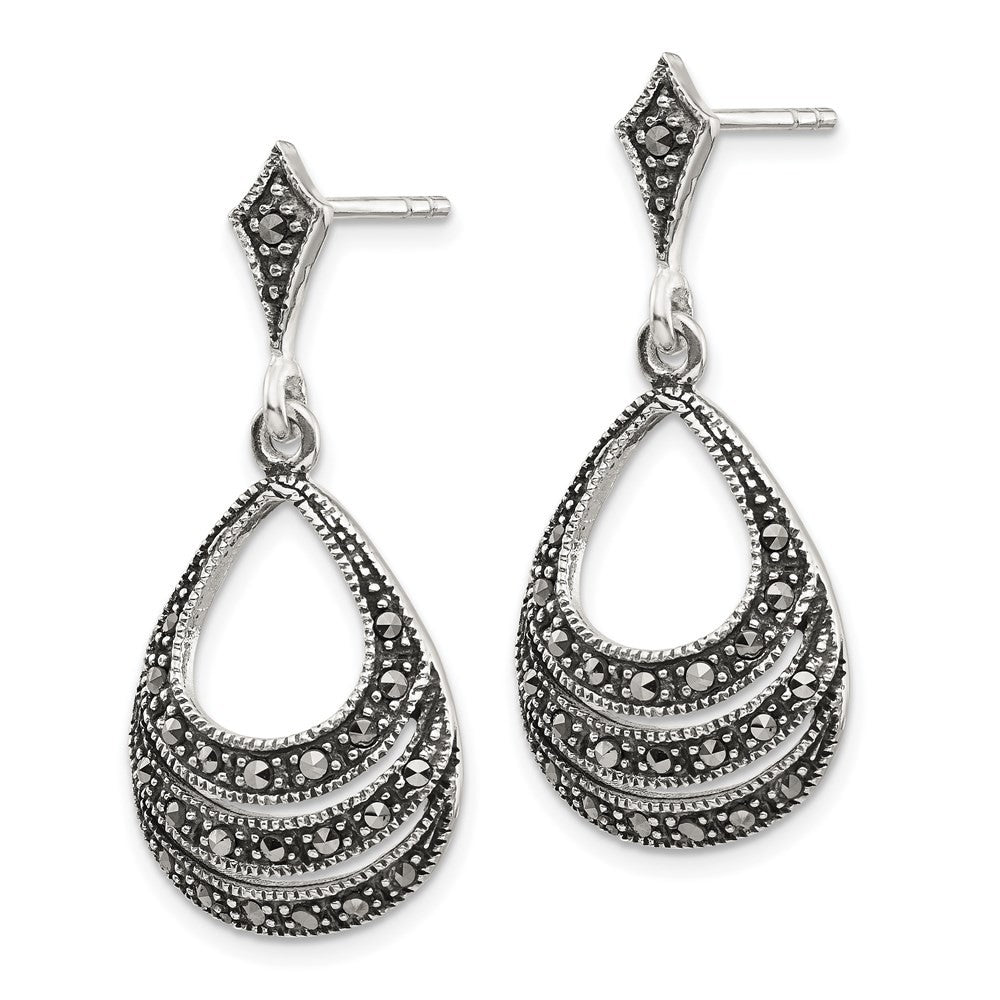 Sterling Silver RH-plated Textured Marcasite Teardrop Dangle Earrings