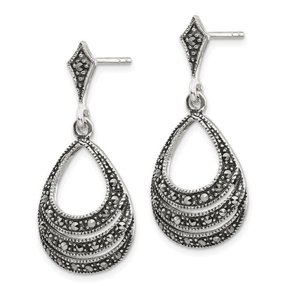 Sterling Silver RH-plated Textured Marcasite Teardrop Dangle Earrings