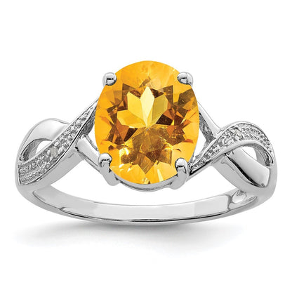 Sterling Silver Rhodium Citrine & Diamond Ring Size 7