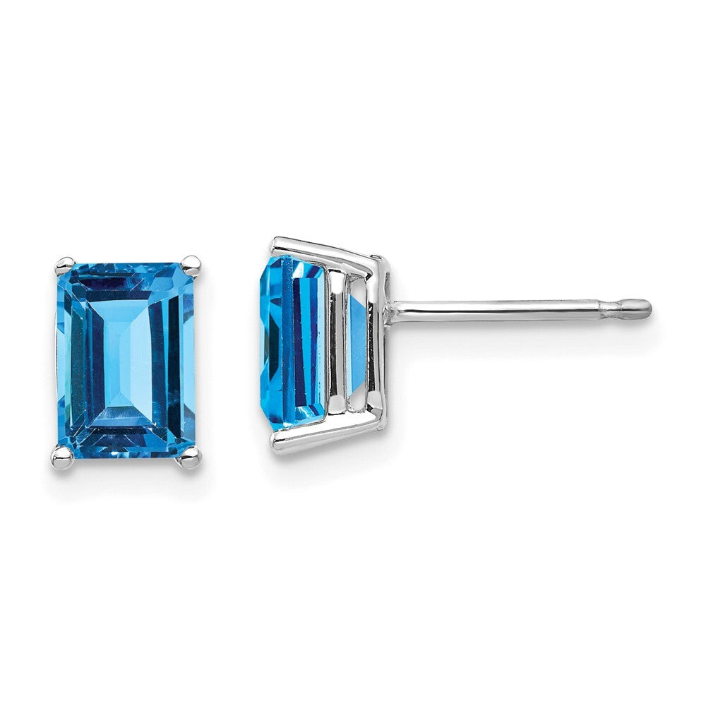 14k White Gold 7x5mm Emerald Cut Blue Topaz Stud Earrings Gift for Women