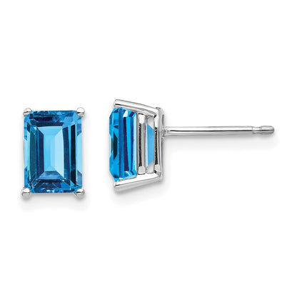 14k White Gold 7x5mm Emerald Cut Blue Topaz Stud Earrings Gift for Women