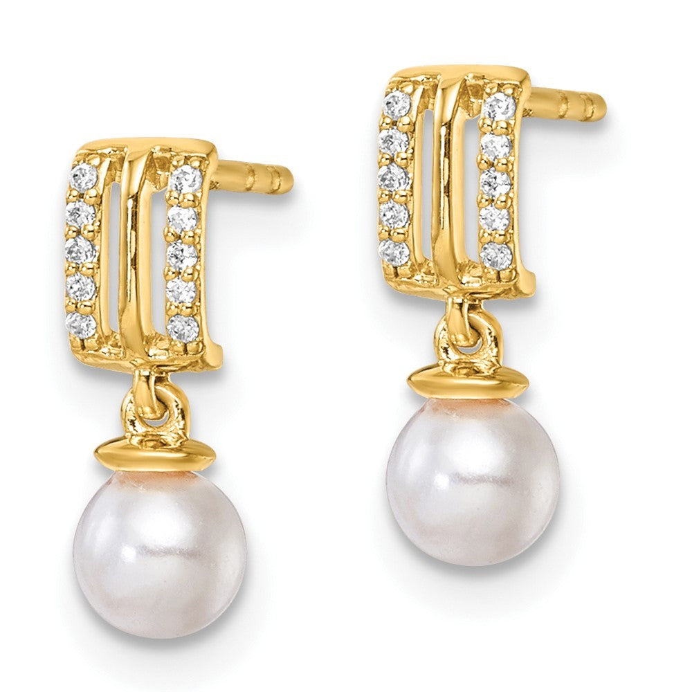 14k Yellow Gold Polished Diamond and Pearl Dangle Earrings