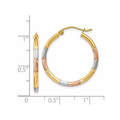 14k Yellow Gold White and Rose Rhodium 2mm Satin & Diamond-Cut Hoop Earrings