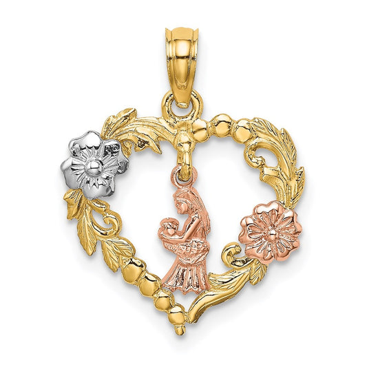14k Two-tone with White Rhodium Mother and Baby with Flowers In Heart Charm