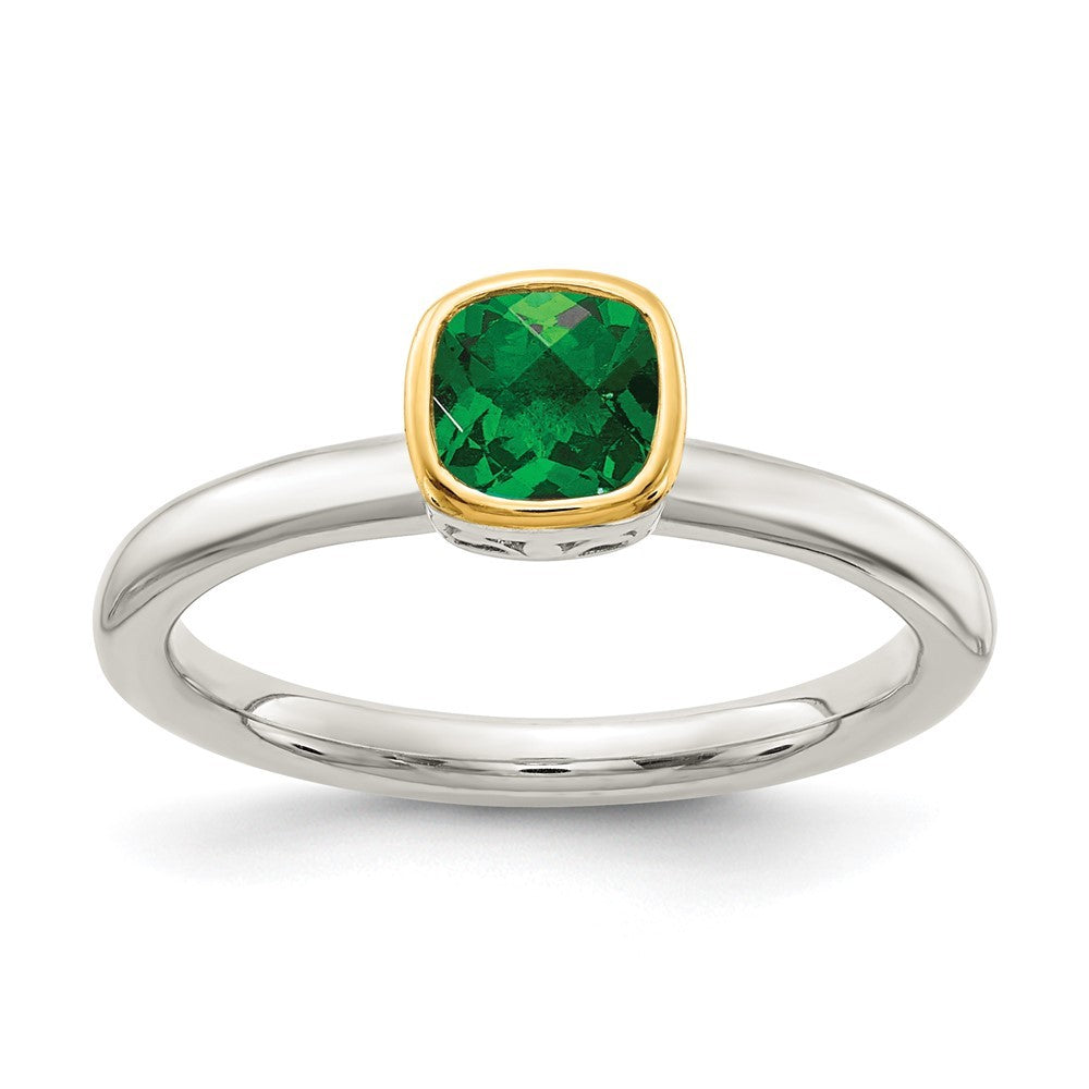Sterling Silver Rhodium-plated with 14K Accent  Cushion-cut Created Emerald Ring