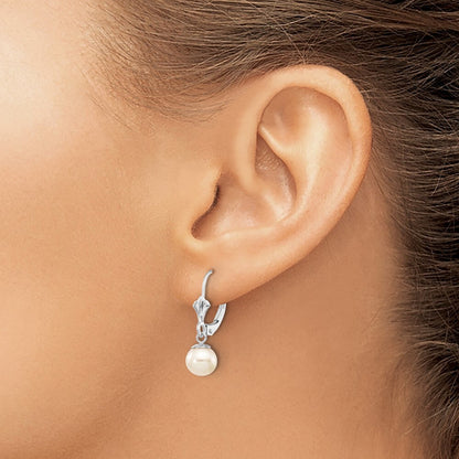 14k White Gold 6-7mm Freshwater Cultured Pearl Dangle Leverback Earrings
