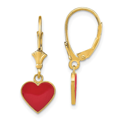 14k Yellow Gold Polished Enameled Heart Dangle Leverback Earrings