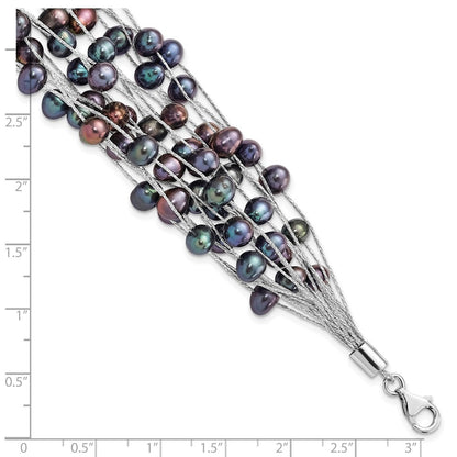 Sterling Silver 6-7mm Black Semi-Round Cultured Pearl Multi Strand 7.5" Bracelet