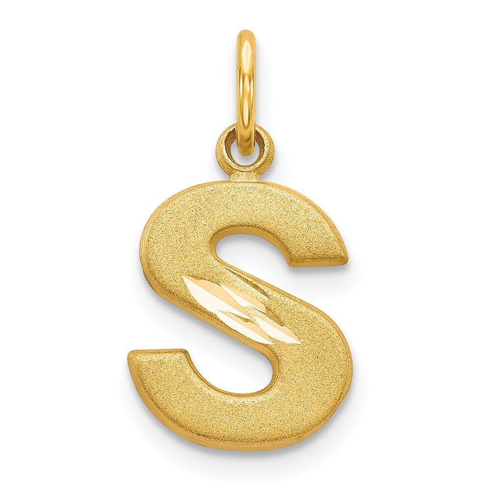 14k Yellow Gold Satin Diamond-cut Letter S Initial Charm Pendant for Women