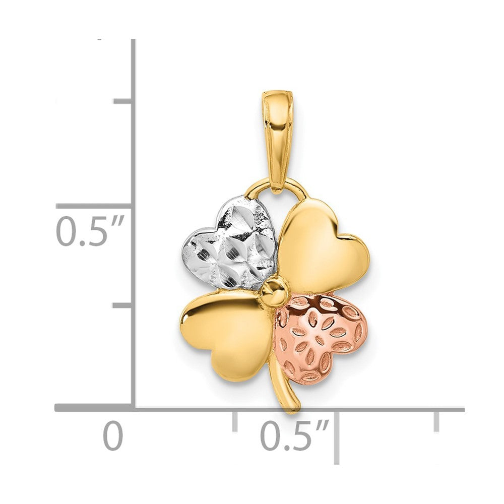 14k Yellow Gold Rose and White Rhodium Polished and Diamond-Cut Clover Pendant