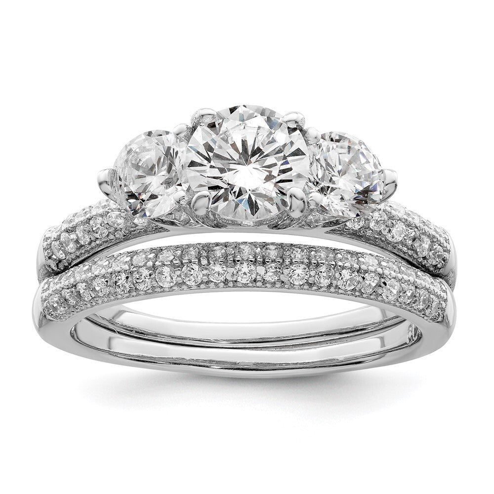 Sterling Silver Rhodium-plated CZ 3 Stone Pave Band Engagement Ring Set Size 6