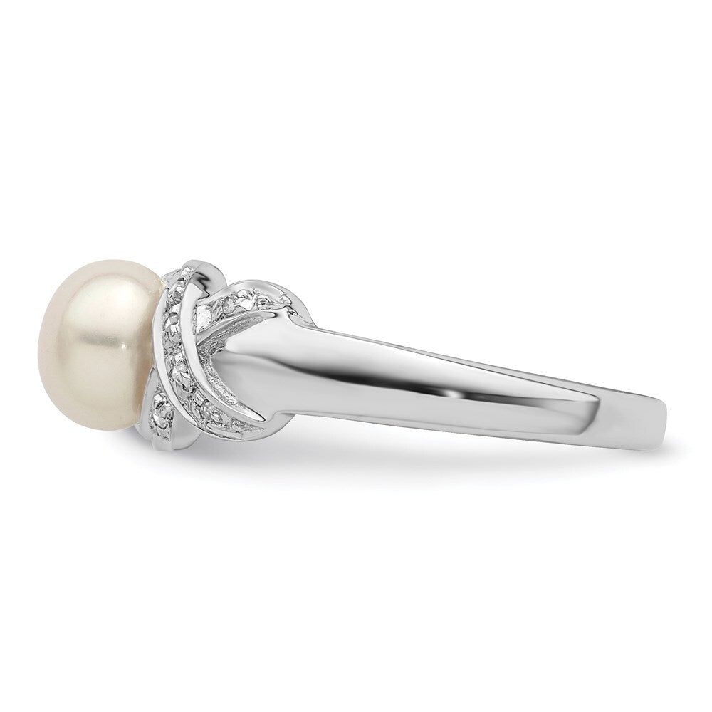 Sterling Silver Rhodium 6mm FW Cultured Button Pearl Ring Size 6