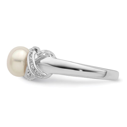 Sterling Silver Rhodium 6mm FW Cultured Button Pearl Ring Size 6