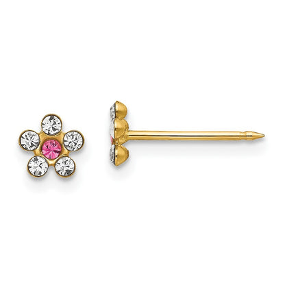 14k Yellow Gold Clear/Rose Crystal Flower Stud Earrings Gift for Women