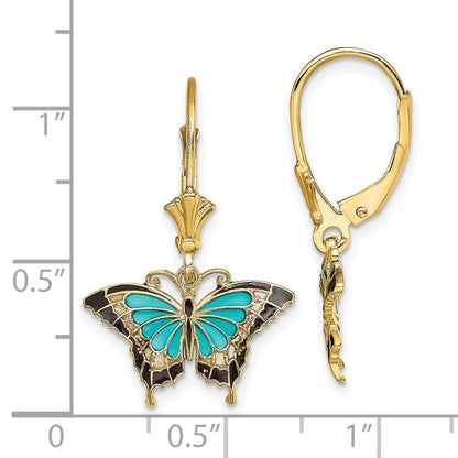 14k Yellow Gold w/Aqua Enameled Wings Butterfly Drop Dangle Earrings