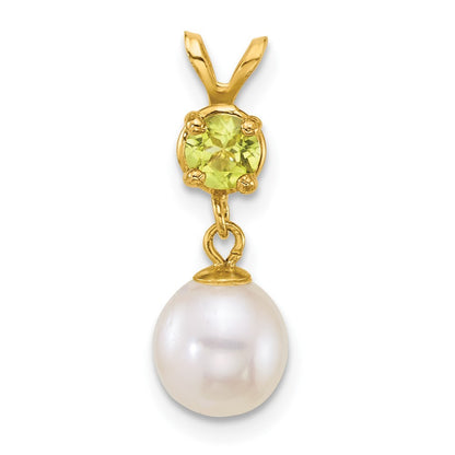 14k Yellow Gold 7-8mm Round White Cultured Pearl Dangle and Peridot Pendant