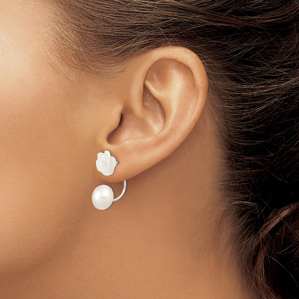 Sterling Silver Freshwater Cultured Pearl & Mother Flower Front & Back Earrings