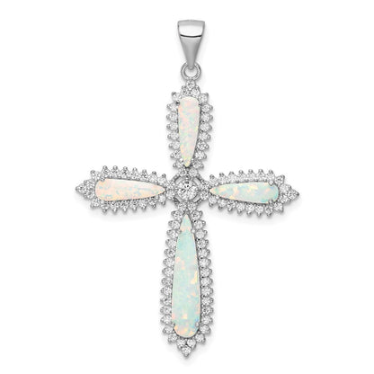 Sterling Silver White Created Opal & Cubic Zirconia Border Cross Pendant