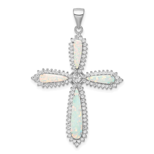 Sterling Silver White Created Opal & Cubic Zirconia Border Cross Pendant