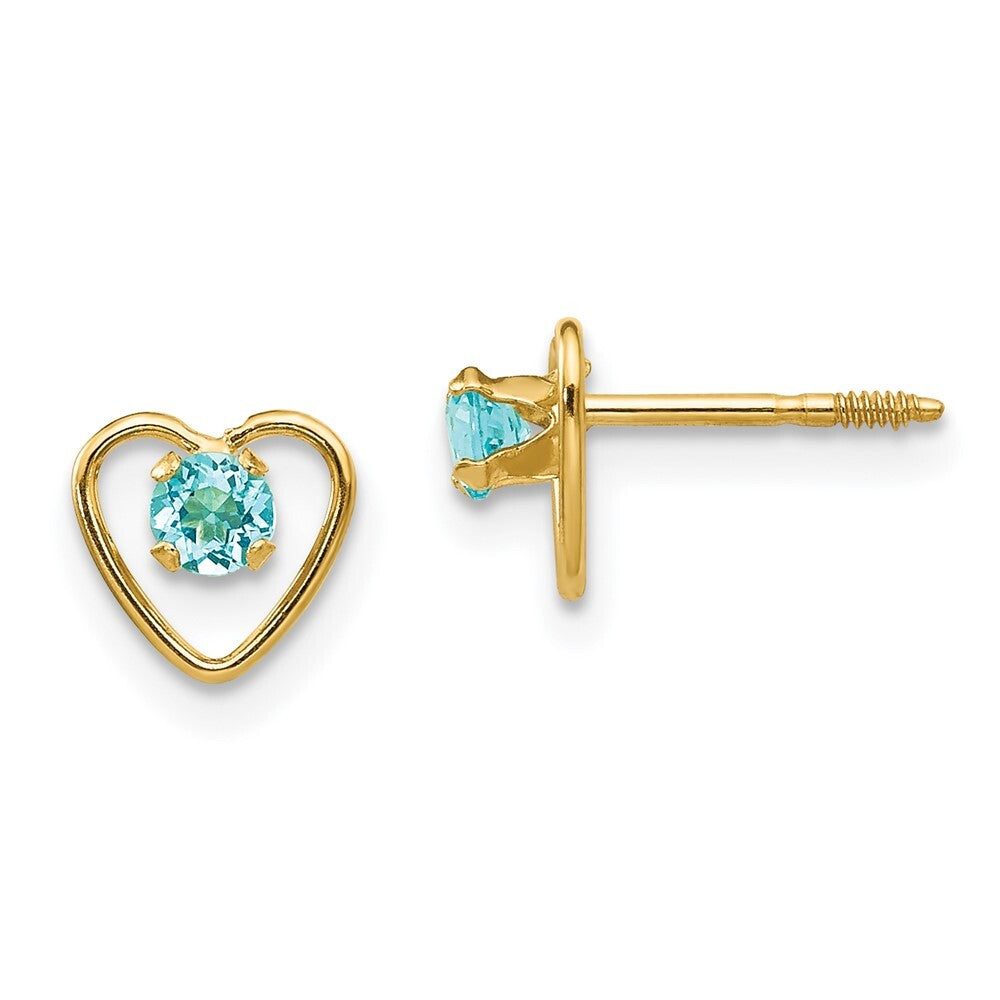14k Yellow Gold 3mm Genuine Blue Topaz Birthstone Heart Stud Earrings