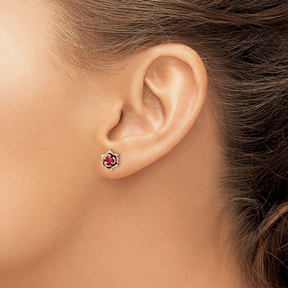 14K Two-tone White & Rose Ruby Flower Stud Earrings