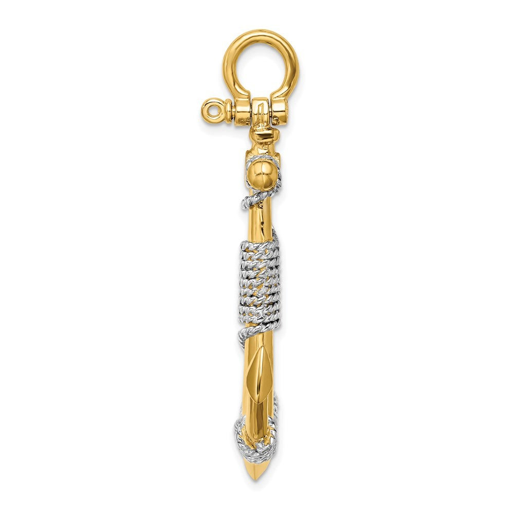 14k Yellow Gold 3-D Large Anchor Wrapped Rope Charm with Rhodium Plating