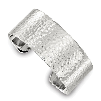 Sterling Silver Polished 25mm Flat Hammered Cuff Bangle
