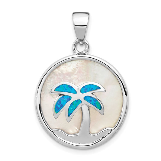 Sterling Silver Mother of Pearl and  Blue Created Opal Round Palm Tree Pendant