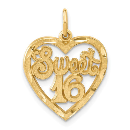 14k Yellow Gold SWEET 16 in A Heart Charm Pendant for Women