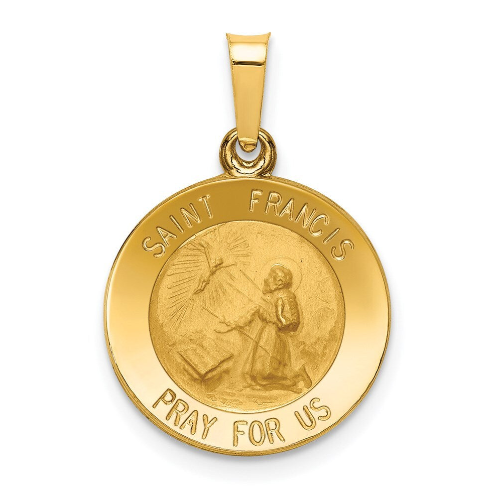 14k Yellow Gold Polished and Satin St Francis Medal Hollow Pendant for Women