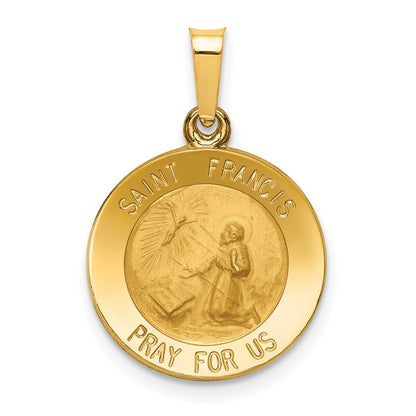 14k Yellow Gold Polished and Satin St Francis Medal Hollow Pendant for Women