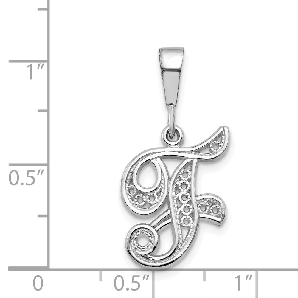 14k White Gold Solid Polished Script Filigree Letter F Initial Pendant for Women
