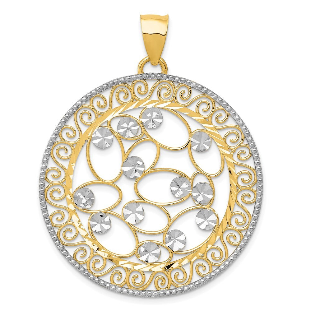 14k Yellow Gold White Rhodium Diamond-cut Filigree Pendant