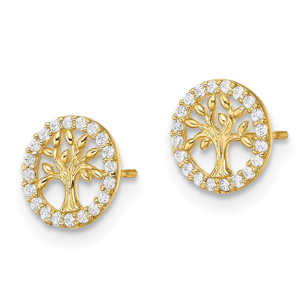 14k Yellow Gold Polished White Cubic Zirconia Tree of Life Stud Earrings