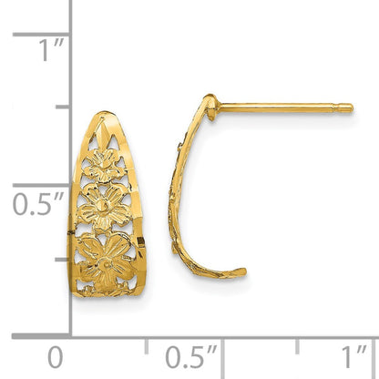 14k Yellow Gold Diamond-Cut Flower J-Hoop Earrings Gift for Women