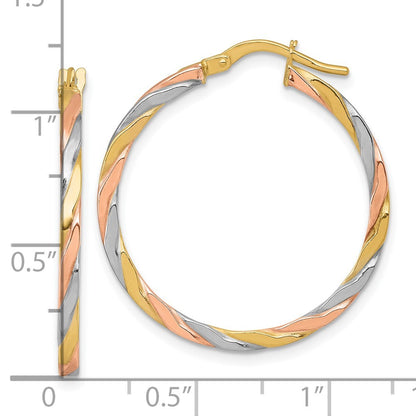 14k Yellow Gold with Rose and White Rhodium Twisted Tube Hoop Earrings