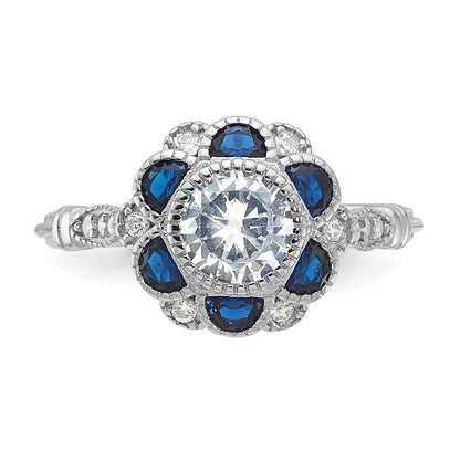Sterling Silver Cubic Zirconia and Lab Cr. Blue Sapphire Flower Ring SZ 7