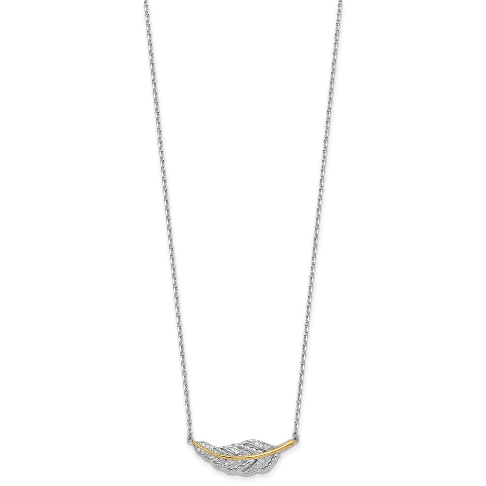 Sterling Silver with 14k Accent Polished CZ Feather Necklace 16+2"