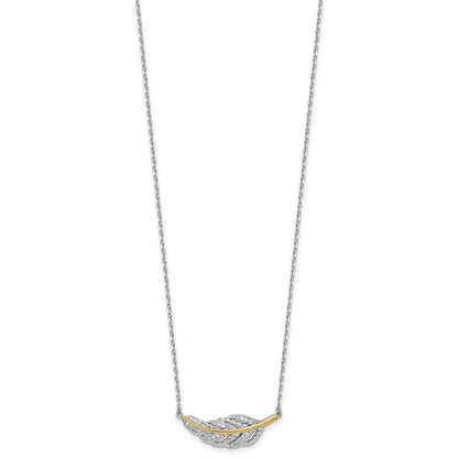 Sterling Silver with 14k Accent Polished CZ Feather Necklace 16+2"