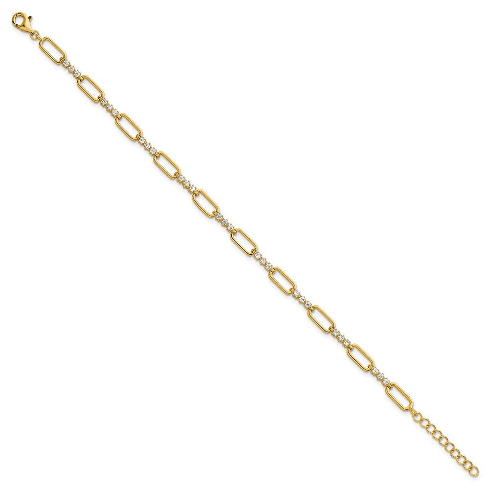 Sterling Silver Gold-tone Polished CZ and Paperclip Link 7" with 1" Ext Bracelet