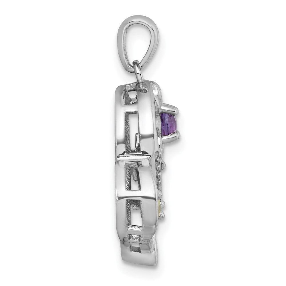 Sterling Silver Polished Amethyst, Peridot & White Topaz Flower in Heart Pendant