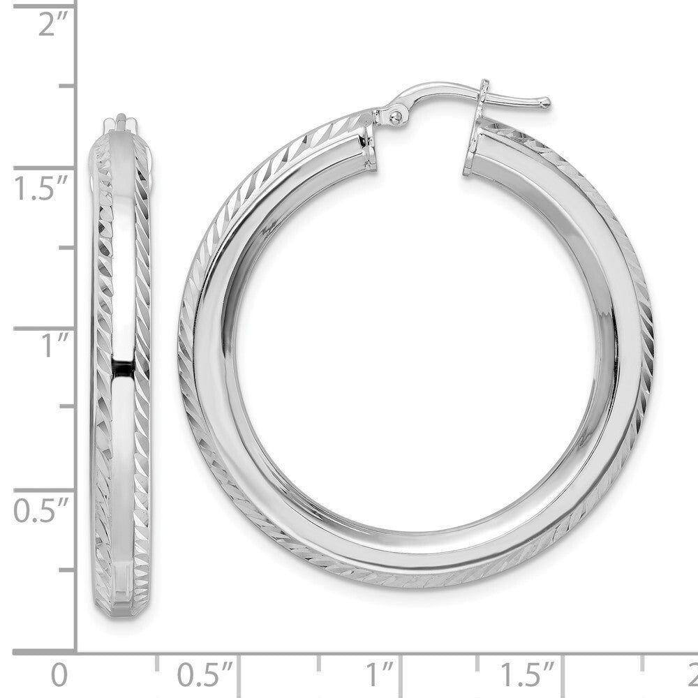 Sterling Silver Rhodium-plated 5x38mm Diamond-cut Octagon Tube Hoop Earrings