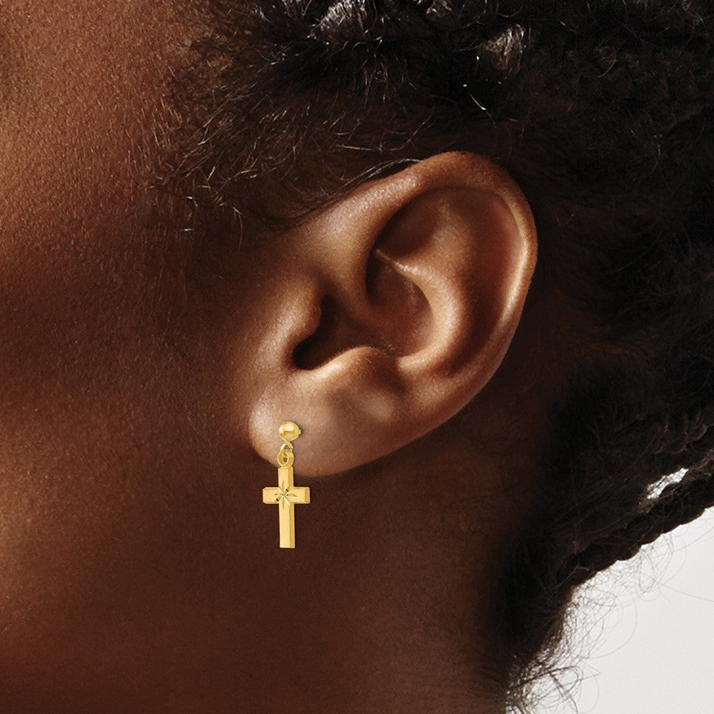 14k Yellow Gold Satin & Diamond -Cut Cross Earrings
