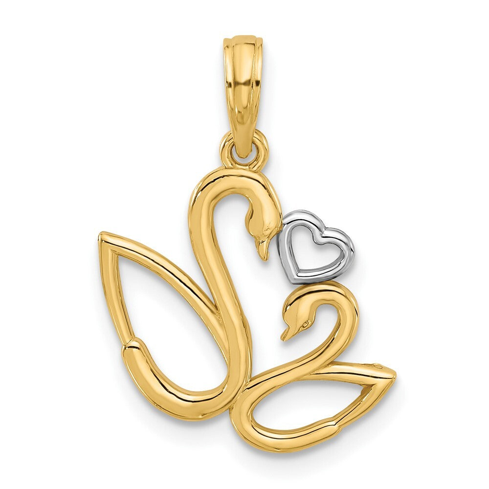 14k Yellow Gold with Rhodium Polished Fancy Heart and Swans Charm Pendant