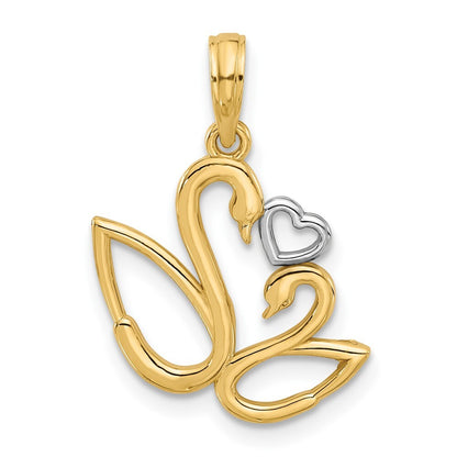 14k Yellow Gold with Rhodium Polished Fancy Heart and Swans Charm Pendant