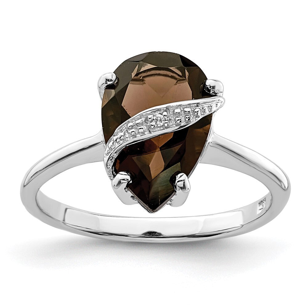 Sterling Silver Rhodium Pear Smoky Quartz & Diamond Ring Size 7