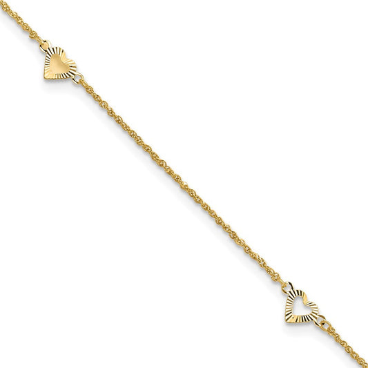14k Yellow Gold Diamond-cut Hearts 3-Station 11" Anklet