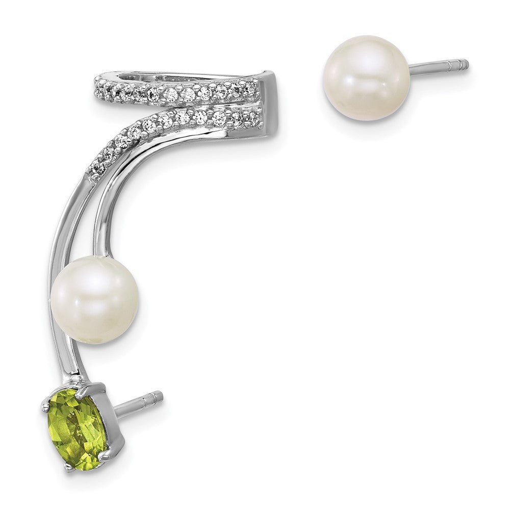 Sterling Silver CZ, Freshwater Cultured Pearl & Peridot Cuff Asymmetric Earrings