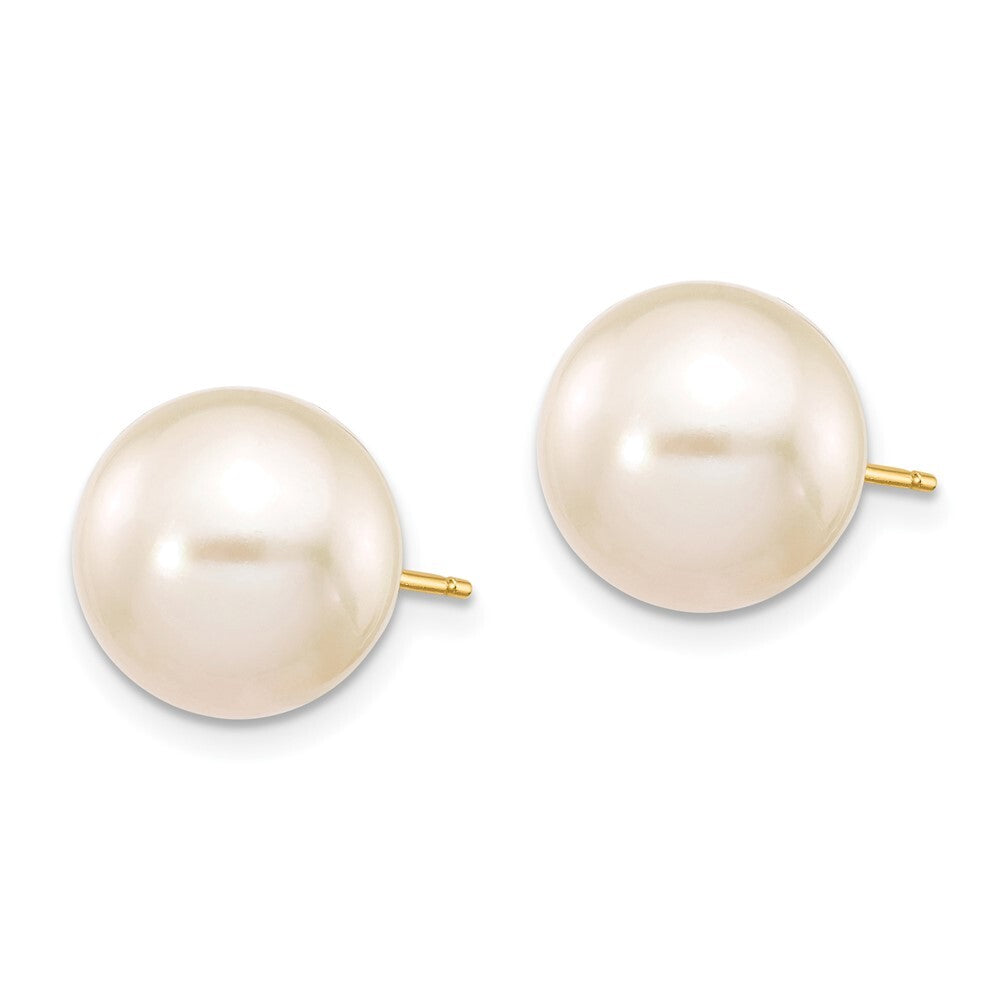 14k Yellow Gold 10-11mm White Round Freshwater Cultured Pearl Stud Earrings